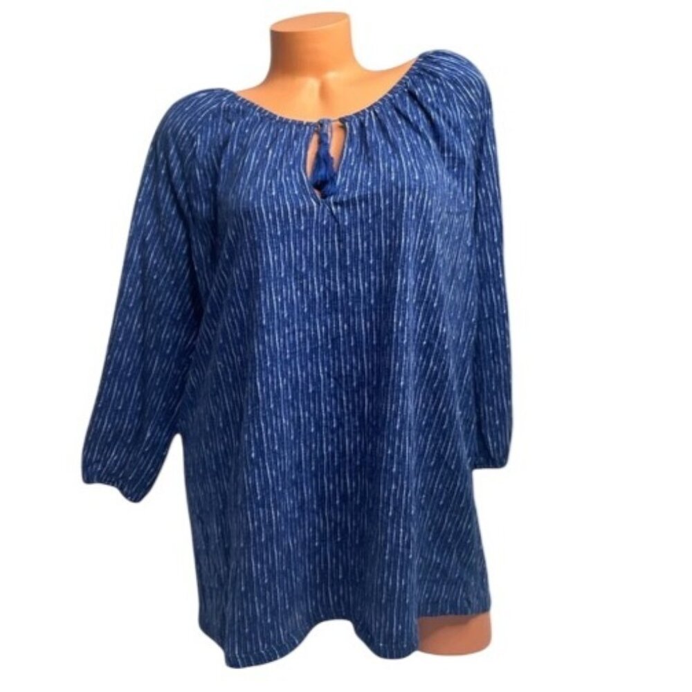 Soft Joie Boho Peasant Top Womens Blue 3/4 Sleeve Tassel Keyhole Neck Size M